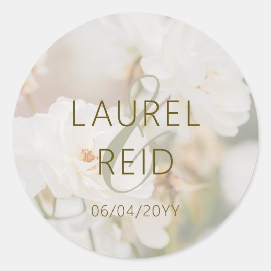 Dreamy White Rose Photo With Names Elegant Wedding Ronde Sticker (Voorkant)