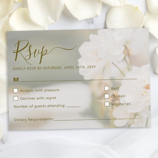 Dreamy White Roses Background Photo Wedding RSVP Kaartje