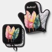 Drei Bananen Blätter in Pastellfarben  Ovenwant & Pannenlap Set (Voorkant / Achterkant)