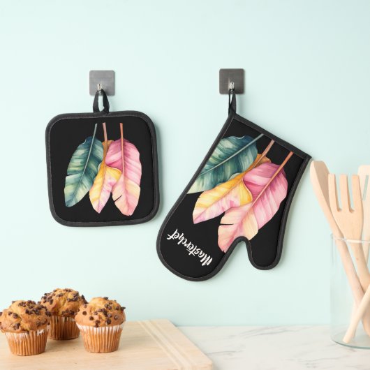 Drei Bananen Blätter in Pastellfarben  Ovenwant & Pannenlap Set (Insitu(Ophanging))