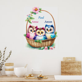Drei Eulen im Korb - Kindermotiv Poster