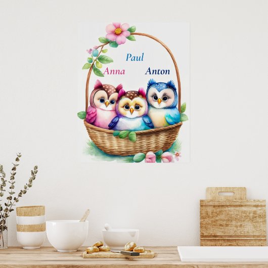 Drei Eulen im Korb - Kindermotiv Poster (Keuken)