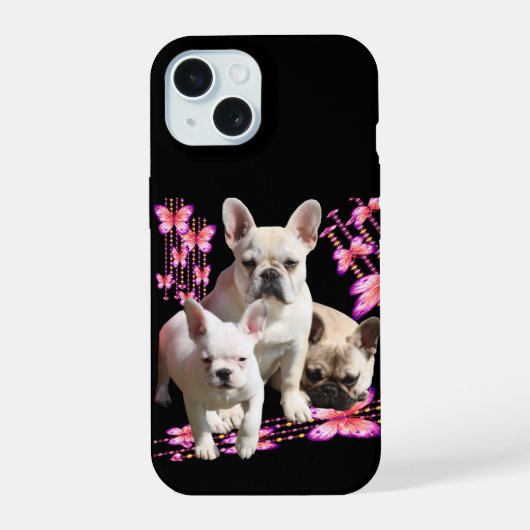 Drei französische Bulldoggen mit Schmetterling iPhone 15 Case (Achterkant)