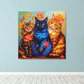 Drei Maine-Coon-Gefährten Portrait Canvas Afdruk (Insitu (Houten vloer))