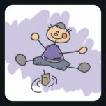 Dreidel Boy Vierkante Sticker<br><div class="desc">Kinderachtige tekening van een jongen die de dreidel draait.</div>