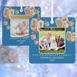 Dreidel Rustic Oak 2 Foto Dubbelzijdig Hanukkah Metalen Ornament