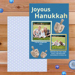 Dreidel Rustic Oak Blue 2 Foto Joyous Hanukkah Folie Feestdagenkaart<br><div class="desc">Deze gepersonaliseerde Chanoeka kaarten zijn speciaal gemaakt met twee van je favoriete foto's en echt gouden folie afdrukken. De eenvoudige medium donkerblauwe achtergrond zet de toon voor twee van uw afbeeldingen omlijst in dikke planken van echte gouden folie met drie faux eiken stijl dreidel afbeeldingen verspreid boven en onder om...</div>