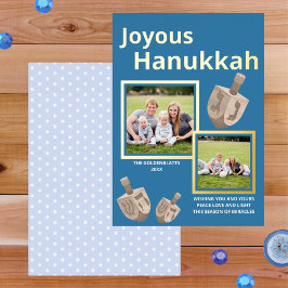 Dreidel Rustic Oak Blue 2 Foto Joyous Hanukkah Folie Feestdagenkaart