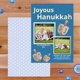 Dreidel Rustic Oak Blue 2 Foto Joyous Hanukkah Folie Feestdagenkaart