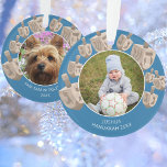 Dreidel Rustic Oak Dubbelzijdig 2 Foto Hanukkah Ornament<br><div class="desc">Personaliseer deze schattige ronde Chanoeka-ornamenten met 2 foto's en tekst aan elke kant. Dubbelzijdig, deze aangepaste vakantie ornamenten zijn voorzien van 9 faux eiken houten dreidels van groot tot klein rond de rand gedrukt op een achtergrond van medium donkerblauw. Uw foto in het midden van het ornament wordt weergegeven als...</div>