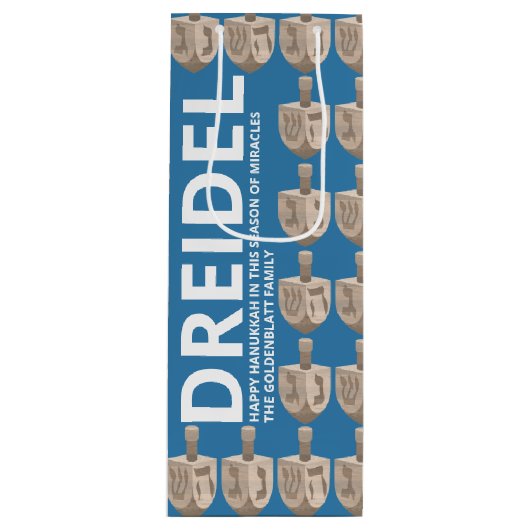 Dreidel Rustic Oak Fun Blauw en Wit Chanoeka Wijn Cadeautas (Voorkant)