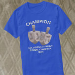 Dreidel Rustic Oak Funny Champion Hanukkah T-shirt<br><div class="desc">Deze grappige Dreidel Champion T-shirts met gepersonaliseerde tekst zijn geweldig als kleding voor jezelf of als cadeau voor het hele gezin. Twee jumbo faux eiken houten dreidels in het midden van het shirt is omgeven door aangepaste tekst in een eenvoudig wit lettertype. CHAMPION zachtjes gebogen over de bovenkant van het...</div>
