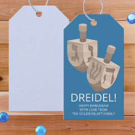 Dreidel Rustic Oak Hanukkah Fun Blauw en Wit Cadeaulabel