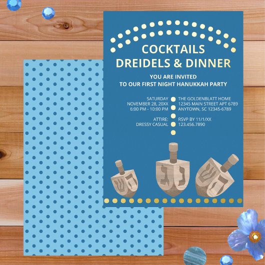 Dreidel Rustic Oak Modern Chanoeka Diner Goud Folie Uitnodiging