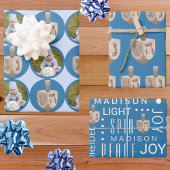 Dreidel Rustic Oak Schattige Blauw Foto Hanukkah Inpakpapier Vel