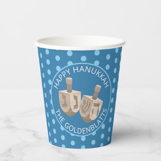Dreidel Rustic Oak Schattige Polka Dot Party Hanuk Papieren Bekers (Voorkant)