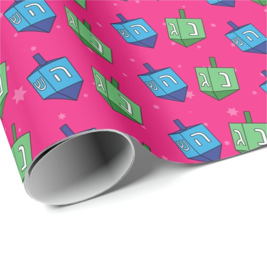 Dreidles op Roze - Chanoeka Cadeaupapier (Rol Hoek)