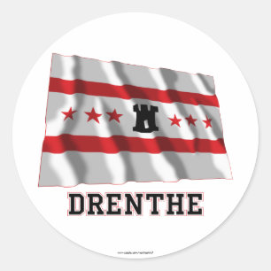 Drenthe Zwaaiende Vlag met Naam Ronde Sticker