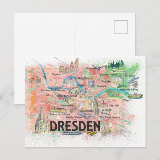 Dresden Saxony Germany Illustrated Map Briefkaart (Voorkant / Achterkant)