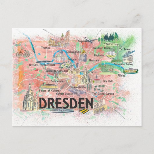 Dresden Saxony Germany Illustrated Map Briefkaart (Voorkant)