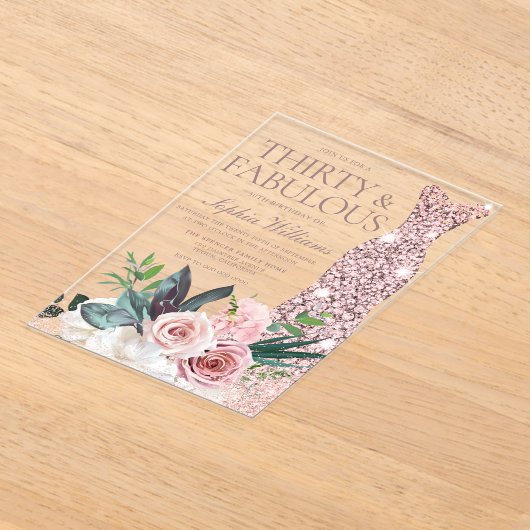 Dress & Blush Bloemen Vrouwen 30ste Verjaardag Par Acryl Uitnodigingen (Laagn)