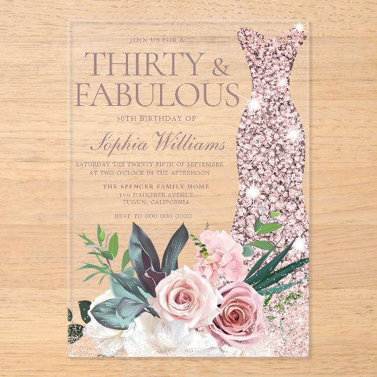 Dress & Blush Bloemen Vrouwen 30ste Verjaardag Par Acryl Uitnodigingen (Voorkant)