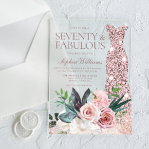 Dress & Blush Bloemen Vrouwen 70ste Verjaardag Par Acryl Uitnodigingen
