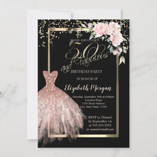 Dress, Confetti Flowers Roos Gold 50th Birthday Kaart (Voorkant)