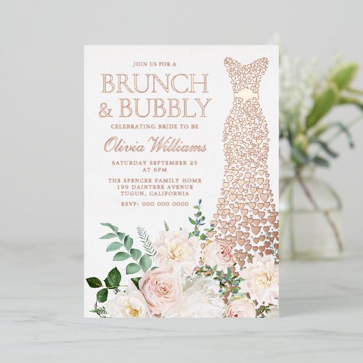 Dress & Flowers Brunch & Bubble Vrijgezellenfeest Folie Uitnodiging (Staand Voorkant)