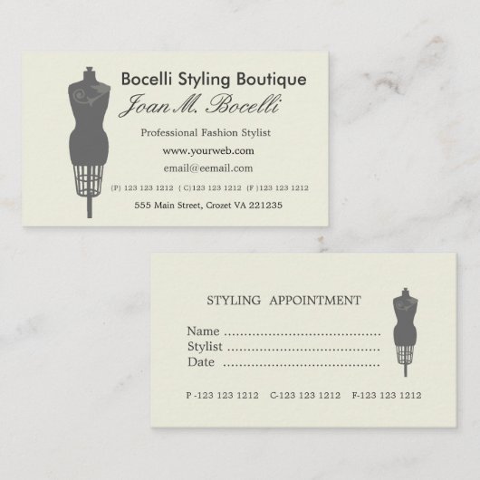 Dress Form Mode  Victoriaans Mannequin Afsprakenkaartje (Voorkant / Achterkant)