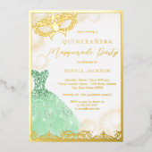 Dress Gold Green Masquerade Party Quinceanera Folie Uitnodiging (Voorkant)
