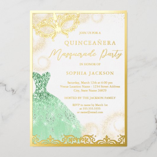 Dress Gold Green Masquerade Party Quinceanera Folie Uitnodiging (Voorkant)