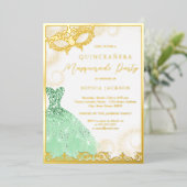 Dress Gold Green Masquerade Party Quinceanera Folie Uitnodiging (Staand Voorkant)