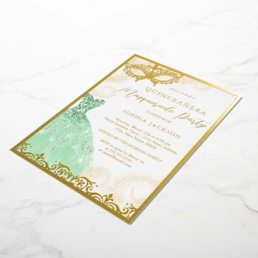 Dress Gold Green Masquerade Party Quinceanera Folie Uitnodiging (Gedraaid)