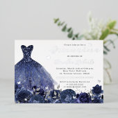 Dress Navy Zilveren Vlinder Bloemen Folie Uitnodiging (Staand Voorkant)