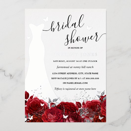 Dress Red Floral Rose Silver Bridal Shower Folie Uitnodiging (Voorkant)