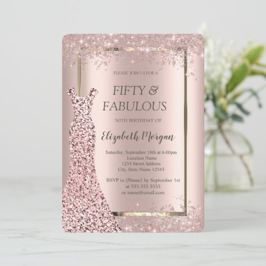 Dress Roos Gold Glitter Confetti 50e verjaardag Kaart (Staand voorkant)