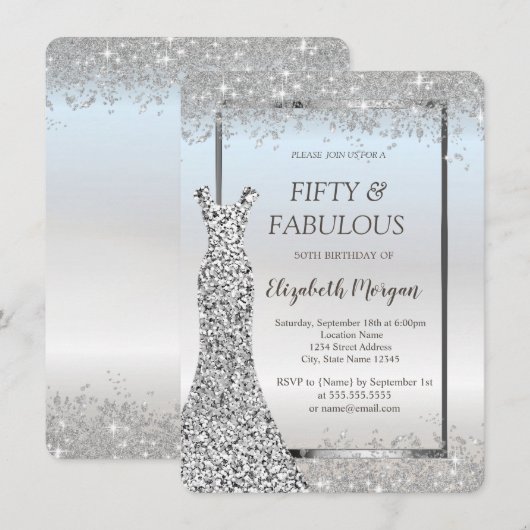 Dress Silver Glitter Confetti 50e verjaardag Kaart (Voorkant / Achterkant)