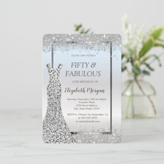 Dress Silver Glitter Confetti 50e verjaardag Kaart (Staand voorkant)