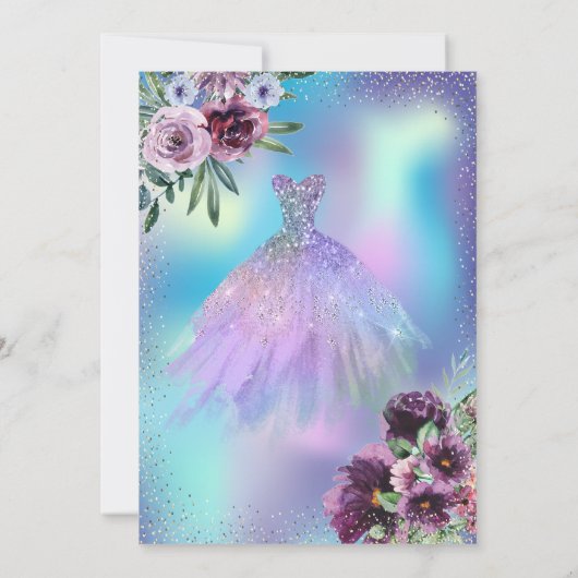Dress, Violet Flowers Holographic Quinceañera Kaart (Achterkant)