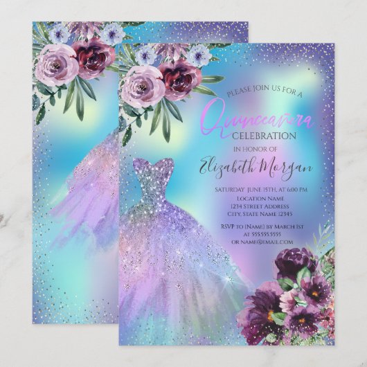 Dress, Violet Flowers Holographic Quinceañera Kaart (Voorkant / Achterkant)
