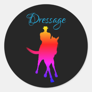 Dressage-paarden en -raderzilverregenboog ronde sticker