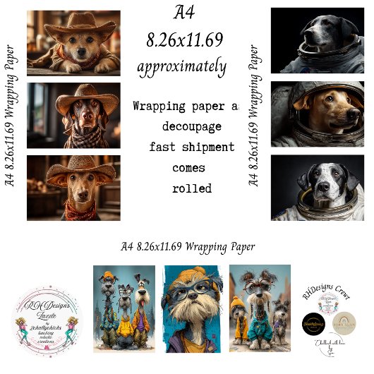 Dressed Up Dogs A4 Wrapping Paper for Decoupage 