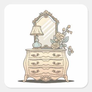 Dresser voor de slaapkamer met oude lamp en bloeme vierkante sticker