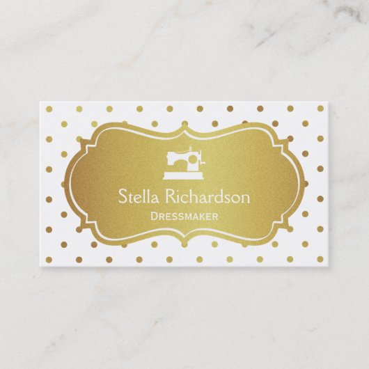 Dressmaker Seamstress Chic White Gold Polka Dots Visitekaartje (Voorkant)