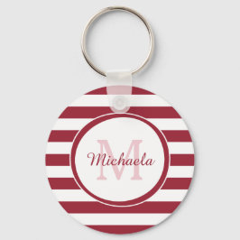 Dressy Dark Red Solid Stripes Name met Monogram Sleutelhanger