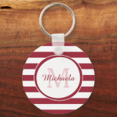 Dressy Dark Red Solid Stripes Name met Monogram Sleutelhanger (Voorkant)