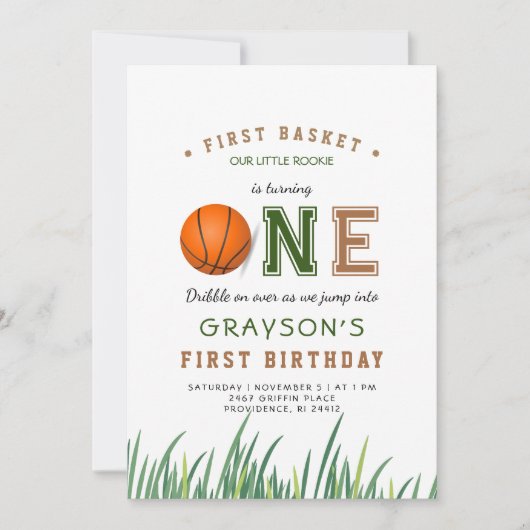 Dribble over basketbal 1e verjaardagsfeestje kaart (Voorkant)