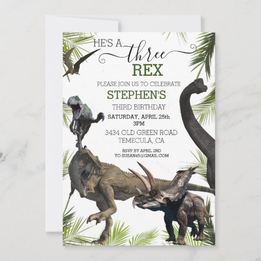 Drie 3 Dinosaur Tyrannosaurus Derde Verjaardag Kaart (Voorkant)