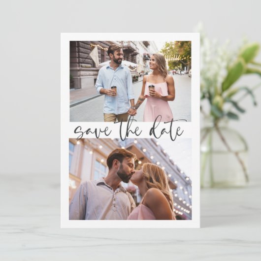 Drie 3 Foto minimalistisch script legant Wedding Save The Date (Staand voorkant)